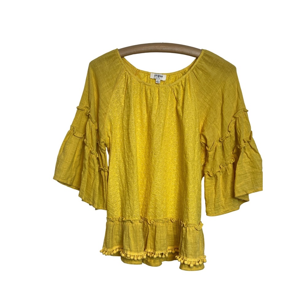 Umgee Blouse Womens Small Yellow Floral Eyelet Ruffle A5396 Pom Pom Boho Top A45
